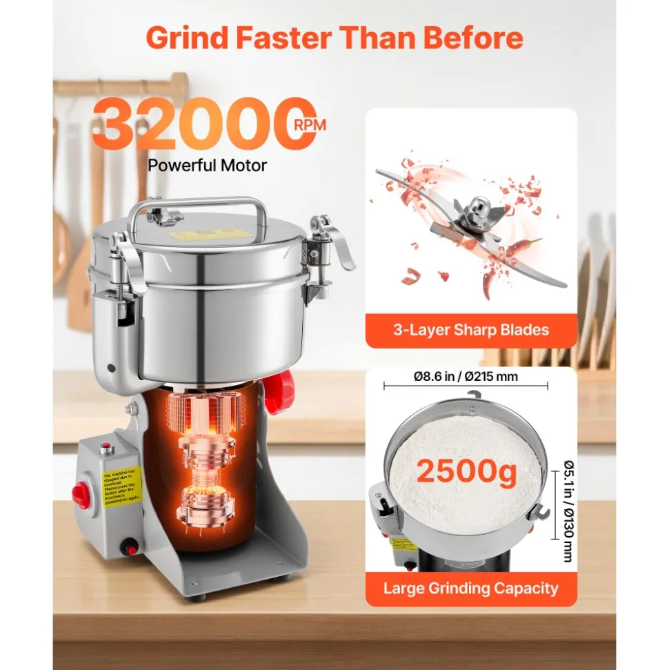 VEVOR 2500g Electric Grain Mill Grinder, 3400W 32000RPM High Speed Spice Corn Dry Grinding Machine, Stainless Steel Pulverizer Powder Machine for Dried Grains Coffee Beans Spices Nuts (270° Swing Type)