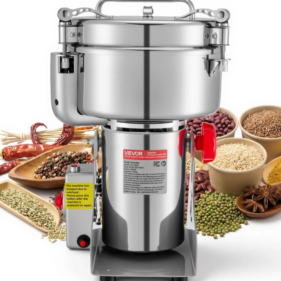 VEVOR 2500g Electric Grain Mill Grinder, 3400W 32000RPM High Speed Spice Corn Dry Grinding Machine, Stainless Steel Pulverizer Powder Machine for Dried Grains Coffee Beans Spices Nuts (270° Swing Type)