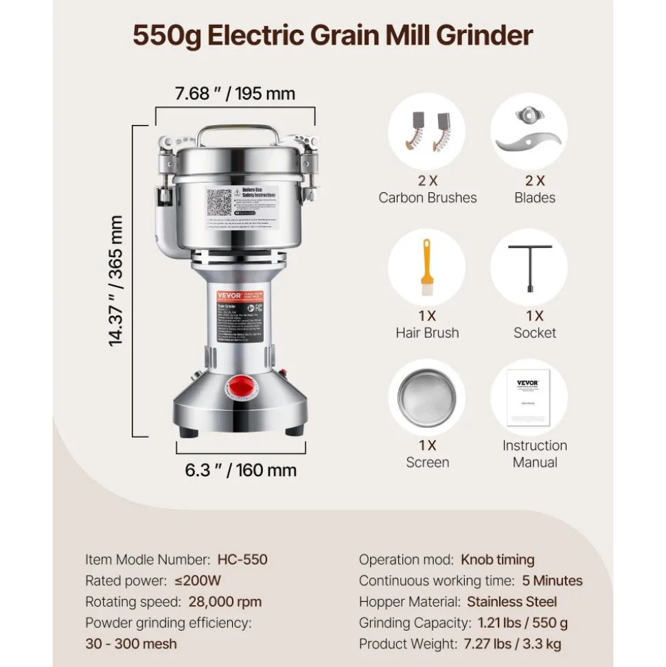 VEVOR 500g Electric Grain Mill Grinder, 2000W 28000RPM High Speed Spice Corn Dry Grinding Machine, Stainless Steel Pulverizer Powder Machine for Dried Grains Coffee Beans Spices Nuts (270° Swing Type)