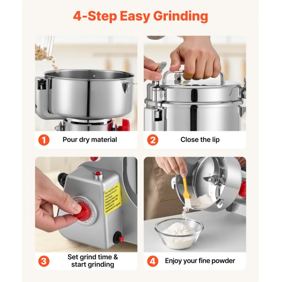 VEVOR 2000g Electric Grain Mill Grinder, 3400W 32000RPM High Speed Spice Corn Dry Grinding Machine, Stainless Steel Pulverizer Powder Machine for Dried Grains Coffee Beans Spices Nuts (270° Swing Type)