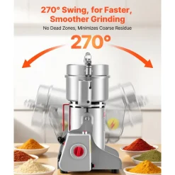 VEVOR 300g Electric Grain Mill Grinder, 1500W 28000RPM High Speed Spice Corn Dry Grinding Machine, Stainless Steel Pulverizer Powder Machine for Dried Grains Coffee Beans Spices Nuts (270° Swing Type)