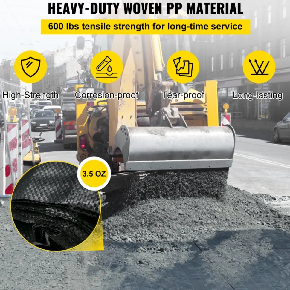 VEVOR Geotextile Fabric, 12.5 x 50 ft 3.5oz Woven PP Driveway Drain Cloth with 600lbs Tensile Strength, Heavy Duty Underlayment for Soil Stabilization, Landscaping, Weed Barrier, 12.5FT50FT-3.5OZ, Bla