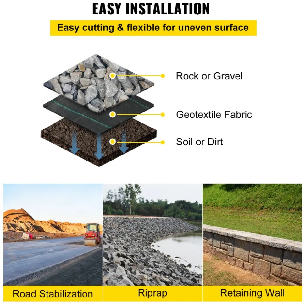 VEVOR Geotextile Fabric, 12.5 x 30 ft 3.5oz Woven PP Driveway Drain Cloth with 600lbs Tensile Strength, Heavy Duty Underlayment for Soil Stabilization, Landscaping, Weed Barrier, 12.5FT30FT-3.5OZ, Bla