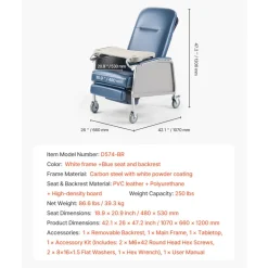 VEVOR Geri Chair Recliner, 3-Position Reclining Geri Chair, Movable Medical Recliner Chairs with 4 Wheels, Soft Padded Seat & Detachable Tray, Ideal for Hospital, Nursing Home, and Geriatric Home Care