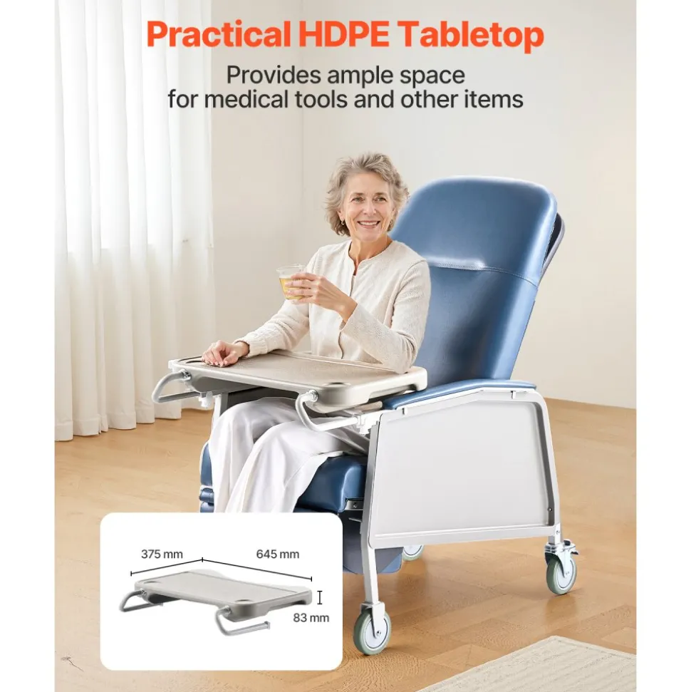 VEVOR Geri Chair Recliner, 3-Position Reclining Geri Chair, Movable Medical Recliner Chairs with 4 Wheels, Soft Padded Seat & Detachable Tray, Ideal for Hospital, Nursing Home, and Geriatric Home Care