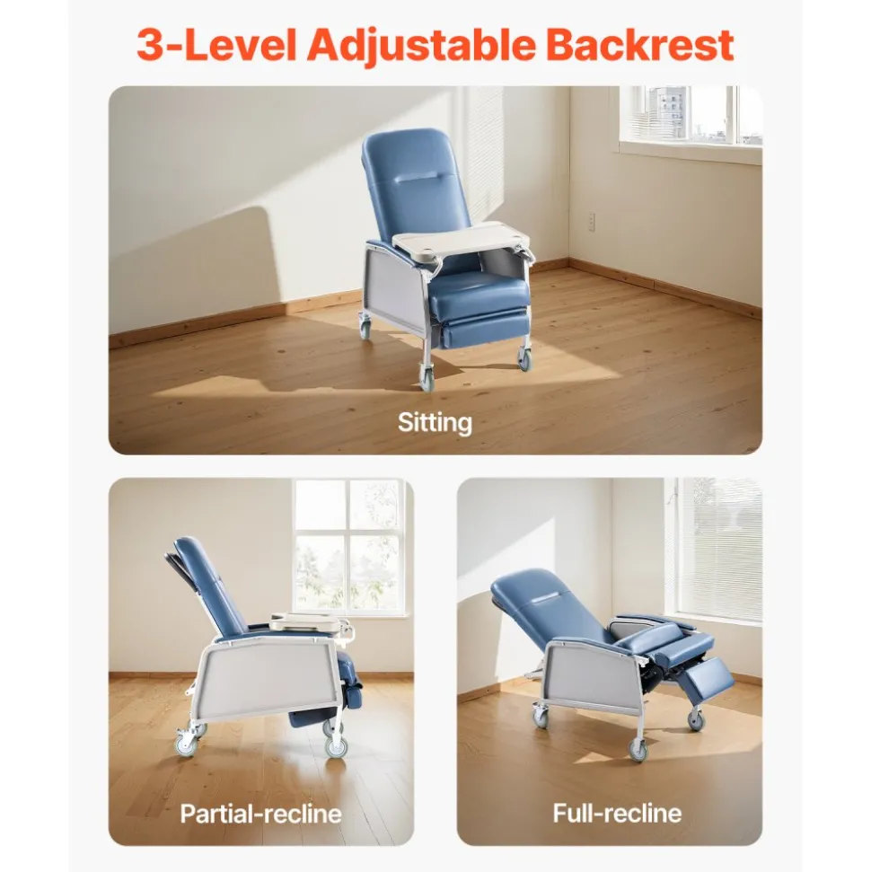 VEVOR Geri Chair Recliner, 3-Position Reclining Geri Chair, Movable Medical Recliner Chairs with 4 Wheels, Soft Padded Seat & Detachable Tray, Ideal for Hospital, Nursing Home, and Geriatric Home Care