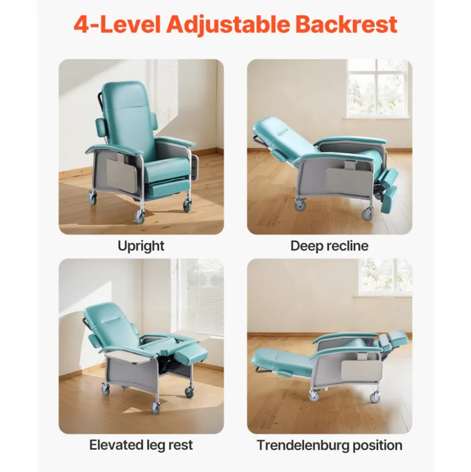 VEVOR Geri Chair Recliner, 4-Position Reclining Geri Chair, Trendelenburg Medical Recliner Chair with 4 Wheels, Soft Padded Seat & 2 Trays for Hospital, Nursing Home, Geriatric Home Care