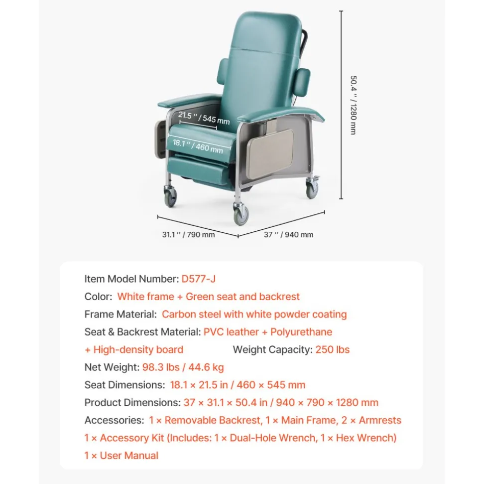 VEVOR Geri Chair Recliner, 4-Position Reclining Geri Chair, Trendelenburg Medical Recliner Chair with 4 Wheels, Soft Padded Seat & 2 Trays for Hospital, Nursing Home, Geriatric Home Care
