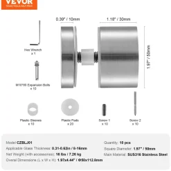 VEVOR Glass Clamp, 10 PCS Round Glass Railing Bracket for 0.31 