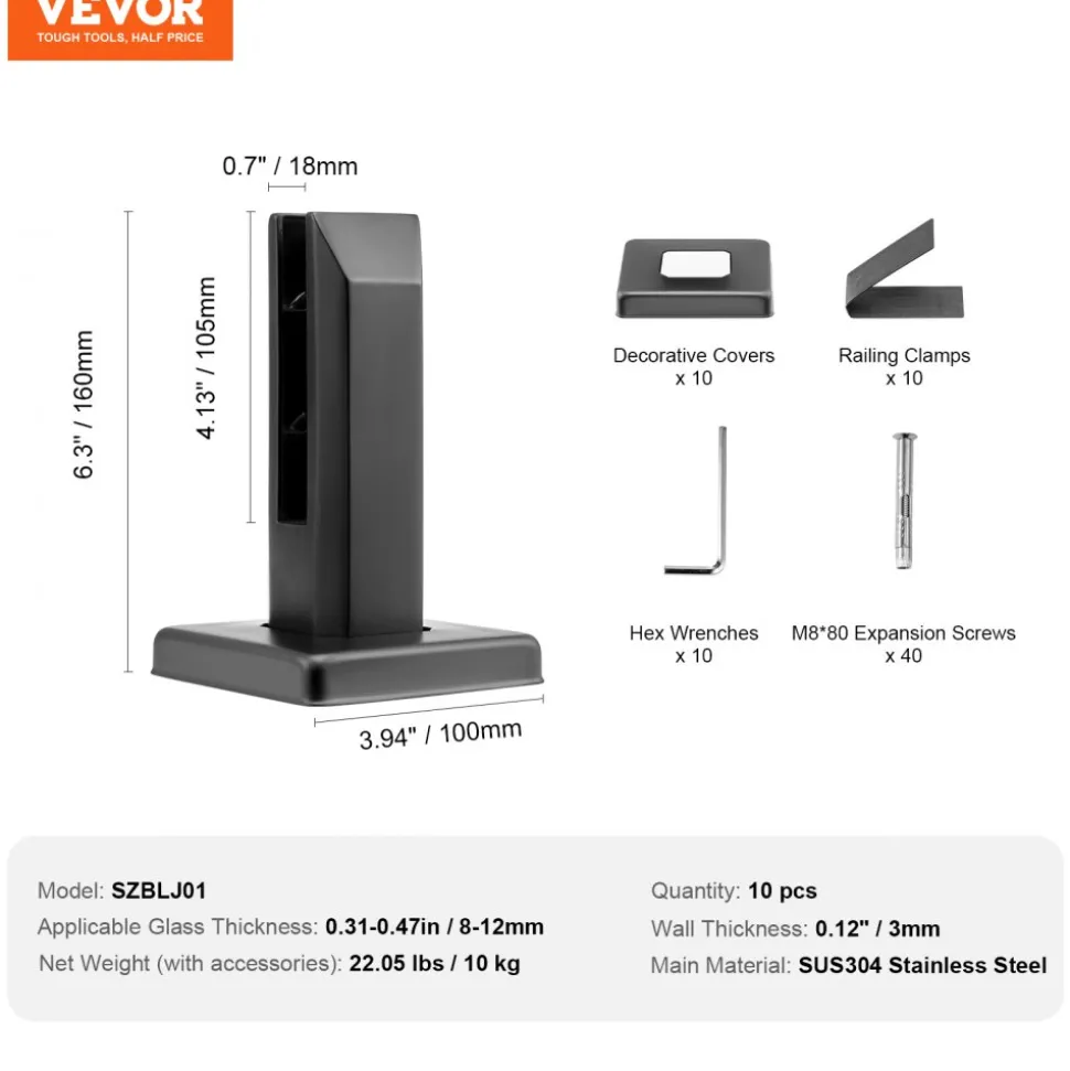 VEVOR Glass Clamp, 10 PCS Square Glass Railing Bracket for 0.31 "-0.47 " Tempered Glass, 304 Stainless Steel Glass Mounting Clamp, 0.12” Thick Glass Shelf Bracket for Balcony, Garden, Deck, Stair