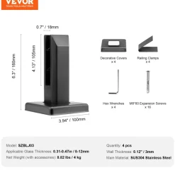 VEVOR Glass Clamp, 4 PCS Square Glass Railing Bracket for 0.31