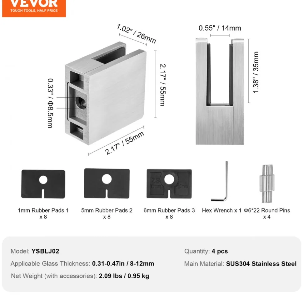 VEVOR Glass Clamp, 4 PCS Square Glass Railing Bracket for 0.31 "-0.47 " Tempered Glass, 304 Stainless Steel Glass Mounting Clamp, Glass Shelf Bracket for Balcony, Garden, Pool, Stair, Silver