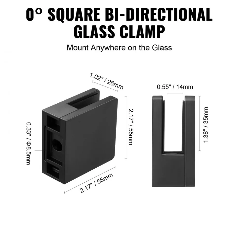 VEVOR Glass Clamp, 40 PCS Square Glass Railing Bracket for 0.31 "-0.47 " Tempered Glass, 304 Stainless Steel Glass Mounting Clamp, Glass Shelf Bracket for Balcony, Garden, Deck, Stair, Black