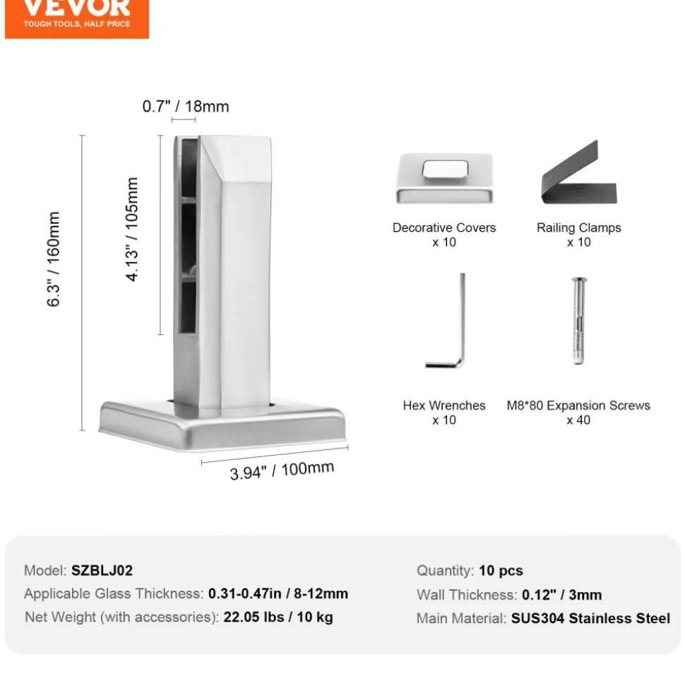 VEVOR Glass Clamp, 10 PCS Square Glass Railing Bracket for 0.31 "-0.47 " Tempered Glass, 304 Stainless Steel Glass Mounting Clamp, 0.12” Thick Glass Shelf Bracket for Balcony, Garden, Stair, Silver