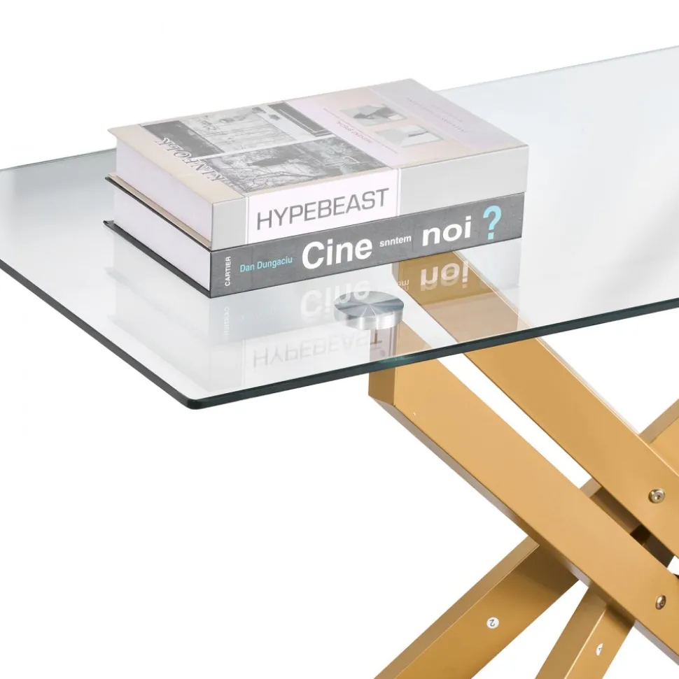 VEVOR Glass Coffee Table, Modern Rectangle Sofa Side Table with Tempered Glass Top & Iron Cross-Legs, Golden Geometric Consloe Desk with Adjustable Anti-slip Foot Pads for Living Room, Entryway, Foyer