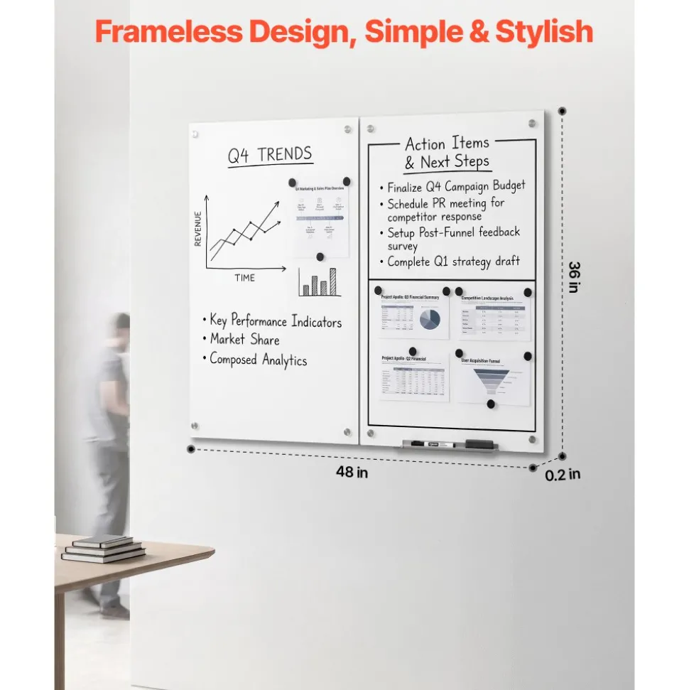 VEVOR Glass Dry Erase Board 2 Pack 35.4 x 23.6 in White Magnetic Whiteboard, Wall-Mounted, Frameless, Thick Tempered Glass, with Markers, Magnets and Eraser, for Office, School Classroom, Home Study