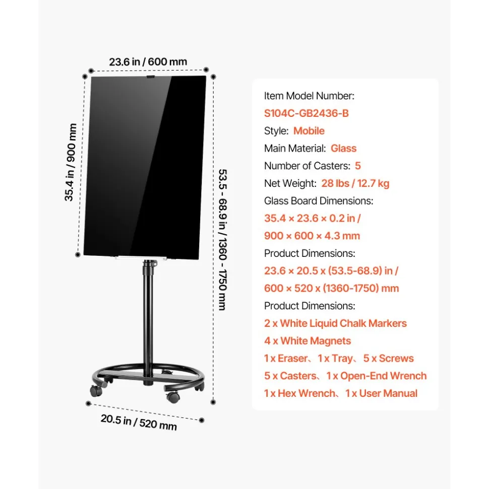 VEVOR Glass Dry Erase Board 35.4 x 23.6 in Magnetic Whiteboard Round Base, Frameless, Mobile with Stand and Wheels, Includes Markers, Magnets and Eraser, for Office, School Classroom, Home, Black