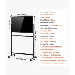VEVOR Glass Dry Erase Board 35 x 23 in Magnetic Whiteboard with Base Black, Frameless, Mobile with Stand and Wheels, Includes Markers, Magnets and Eraser, for Office, School Classroom, and Home