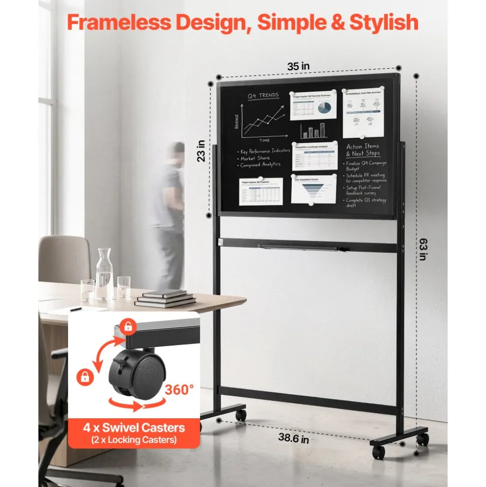 VEVOR Glass Dry Erase Board 35 x 23 in Magnetic Whiteboard with Base Black, Frameless, Mobile with Stand and Wheels, Includes Markers, Magnets and Eraser, for Office, School Classroom, and Home