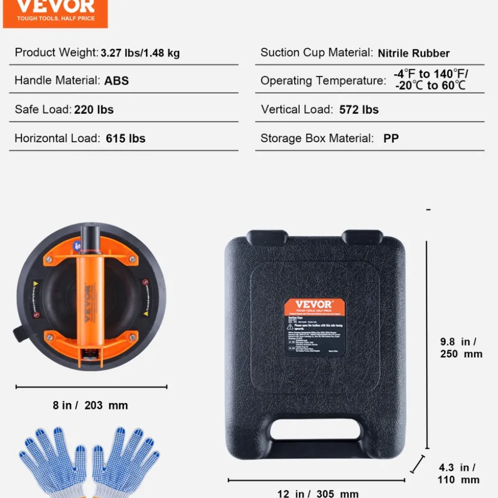 VEVOR Glass Suction Cup, 8" 615 lbs Load Capacity, Vacuum Suction Cup with ABS Handle and Carry Box, Heavy Duty Industrial Suction Cup Lifter Tool for Glass, Granite, Tile, Metal, Wood Panel Lifting