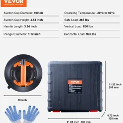 VEVOR Glass Suction Cup, 10" 990 lbs Load Capacity, Vacuum Suction Cup with Steel Handle & Carry Box, Heavy Duty Industrial Suction Cup Lifter Tool for Glass, Granite, Tile, Metal, Wood Panel Lifting