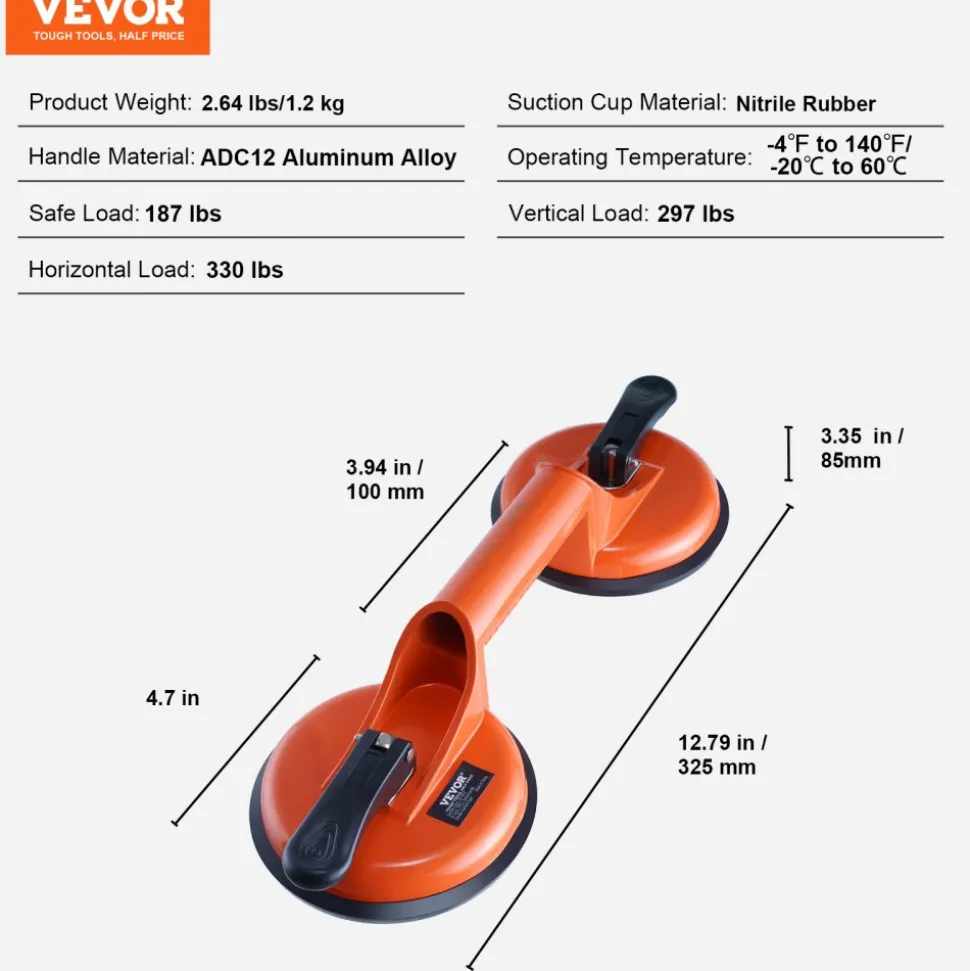 VEVOR Glass Suction Cup, 4.7" 2 Pack 330 lbs Load Capacity, Vacuum Suction Cup with Aluminum Handle, Heavy Duty Industrial Suction Cup Lifter Tool for Glass, Granite, Tile, Metal, Wood Panel Lifting