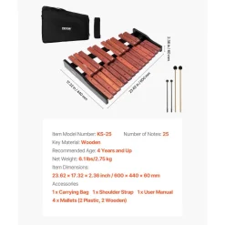 VEVOR Glockenspiel Xylophone, 25 Notes, Wooden Professional Xylophone Percussion Instrument, with 4 Mallets, Carrying Bag, Beginner Glockenspiel Musical Instrument Kit for Adults and Kids Students