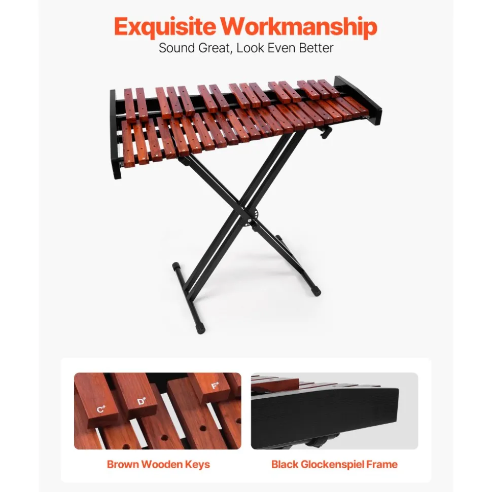 VEVOR Glockenspiel Xylophone, 37 Notes, Wooden Professional Xylophone Percussion Instrument, with Height Adjustable Stand, 4 Mallets, Carrying Bag, Beginner Musical Instrument Kit for Adults and Kids