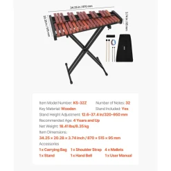 VEVOR Glockenspiel Xylophone, 32 Notes, Wooden Professional Xylophone Percussion Instrument, with Height Adjustable Stand, 4 Mallets, Carrying Bag, Beginner Musical Instrument Kit for Adults and Kids