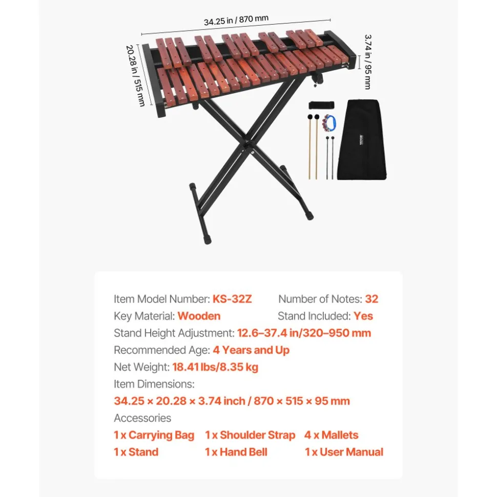 VEVOR Glockenspiel Xylophone, 32 Notes, Wooden Professional Xylophone Percussion Instrument, with Height Adjustable Stand, 4 Mallets, Carrying Bag, Beginner Musical Instrument Kit for Adults and Kids
