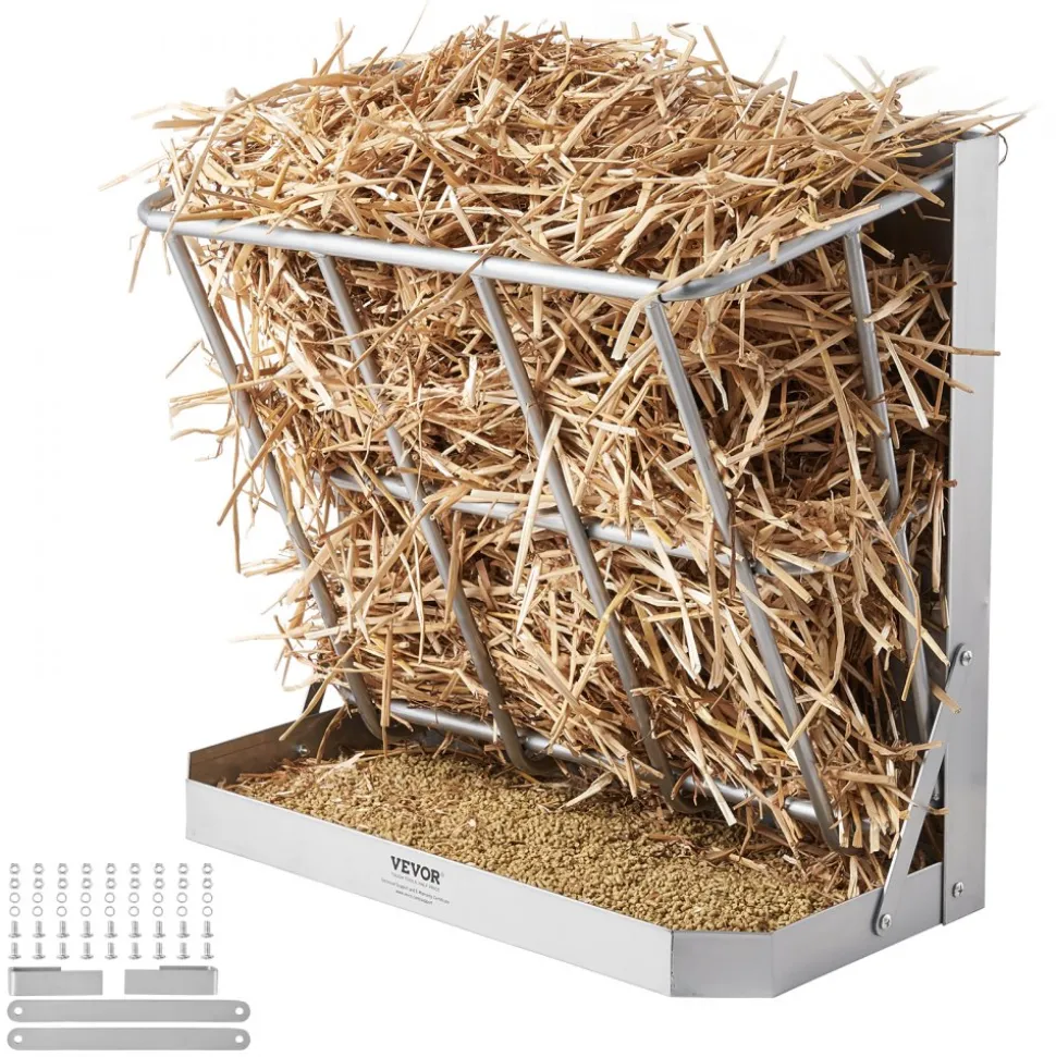 VEVOR Goat Hay Feeder, 21 Gallons Large Capacity, 2 in 1 Hay and Grain Feeder, Wall Mounted Livestock Feeder with Feed Tray, Multiple Sided Goat Hay Rack, Sturdy Steel Hay Rack for Sheep Horses