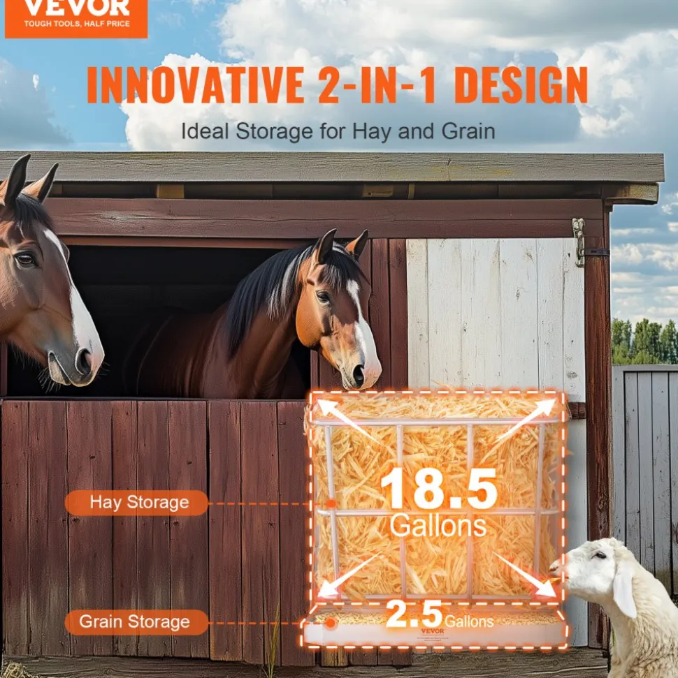 VEVOR Goat Hay Feeder, 21 Gallons Large Capacity, 2 in 1 Hay and Grain Feeder, Wall Mounted Livestock Feeder with Feed Tray, Multiple Sided Goat Hay Rack, Sturdy Steel Hay Rack for Sheep Horses