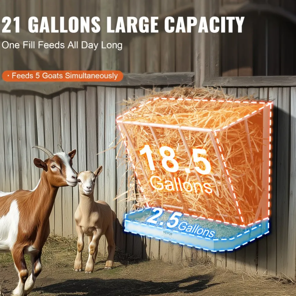 VEVOR Goat Hay Feeder, 21 Gallons Large Capacity, 2 in 1 Hay and Grain Feeder, Wall Mounted Livestock Feeder with Feed Tray, Multiple Sided Goat Hay Rack, Sturdy Steel Hay Rack for Sheep Horses