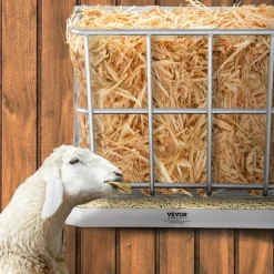 VEVOR Goat Hay Feeder, 21 Gallons Large Capacity, 2 in 1 Hay and Grain Feeder, Wall Mounted Livestock Feeder with Feed Tray, Multiple Sided Goat Hay Rack, Sturdy Steel Hay Rack for Sheep Horses