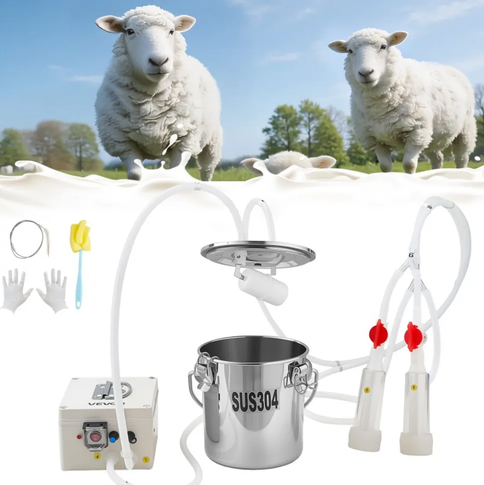 VEVOR Goat Milking Machine, 0.8 Gal / 3 L Food-Grade Stainless Steel Bucket, with 5200 mAh Rechargeable Battery, 2 Teat Cups, Cordless Portable Pulsation Vaccum Electric Milking Machine for Goats Only