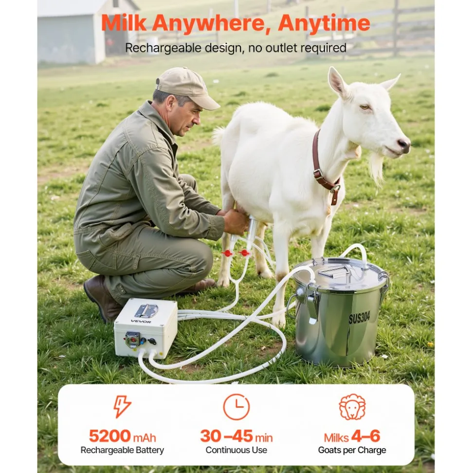 VEVOR Goat Milking Machine, 0.8 Gal / 3 L Food-Grade Stainless Steel Bucket, with 5200 mAh Rechargeable Battery, 2 Teat Cups, Cordless Portable Pulsation Vaccum Electric Milking Machine for Goats Only
