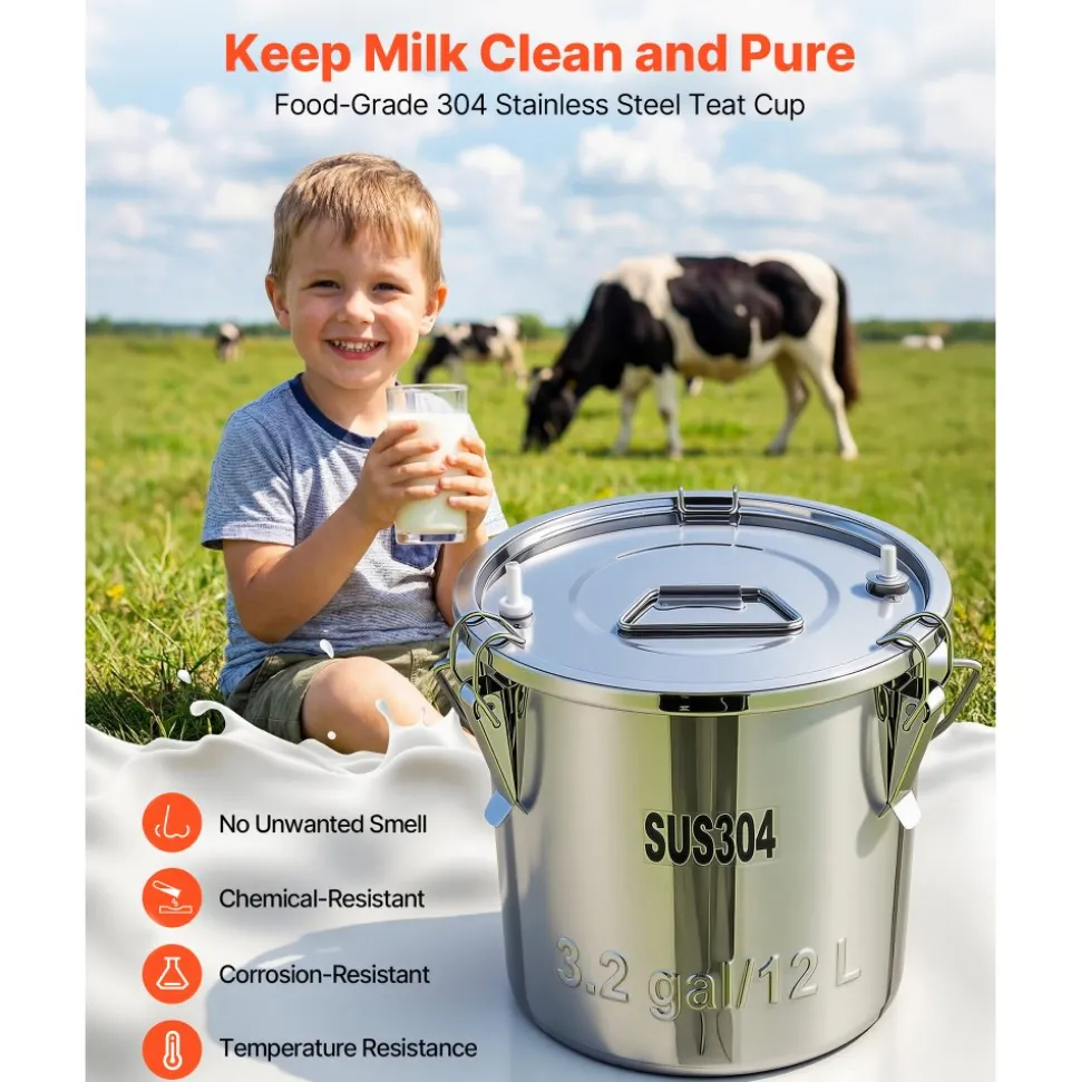 VEVOR Goat Milking Machine, 3.2 Gal / 12 L Food-Grade Stainless Steel Bucket, 4 Teat Cups for Cows and Goats, with 8000 mAh Rechargeable Battery, Electric Pulsation Milking Machine Portable Milker