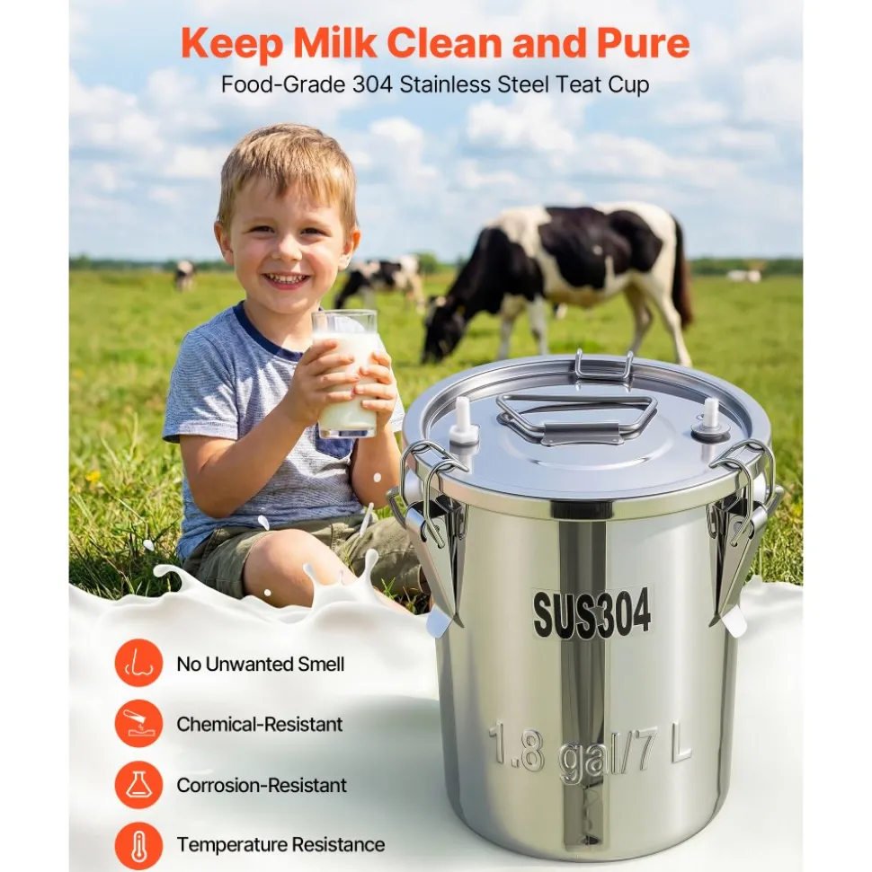 VEVOR Goat Milking Machine, 1.8 Gal / 7 L Food-Grade Stainless Steel Bucket, 4 Teat Cups for Cows and Goats, with 8000 mAh Rechargeable Battery, Electric Pulsation Milking Machine Portable Milker