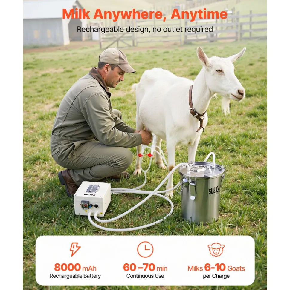 VEVOR Goat Milking Machine, 1.8 Gal / 7 L Food-Grade Stainless Steel Bucket, 4 Teat Cups for Cows and Goats, with 8000 mAh Rechargeable Battery, Electric Pulsation Milking Machine Portable Milker