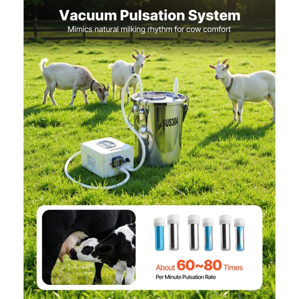 VEVOR Goat Milking Machine, 1.8 Gal / 7 L Food-Grade Stainless Steel Bucket, 4 Teat Cups for Cows and Goats, with 8000 mAh Rechargeable Battery, Electric Pulsation Milking Machine Portable Milker