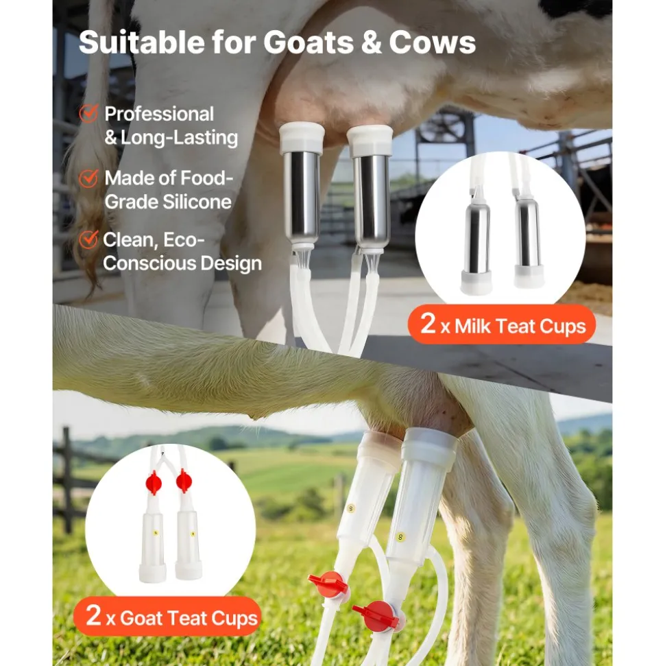 VEVOR Goat Milking Machine, 1.8 Gal / 7 L Food-Grade Stainless Steel Bucket, 4 Teat Cups for Cows and Goats, with 8000 mAh Rechargeable Battery, Electric Pulsation Milking Machine Portable Milker
