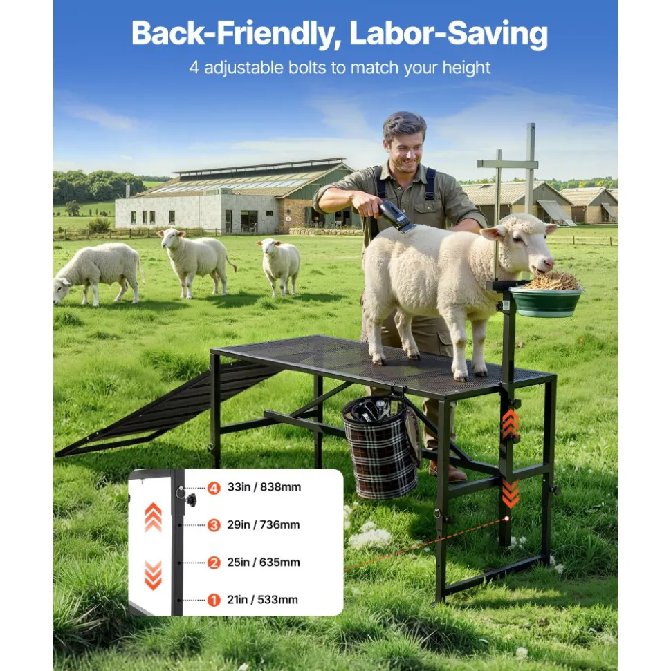 VEVOR Goat Milking Stand, 600 lbs Heavy Duty Goat Stand with Ramp & Feed Bin, Adjustable Headpiece & Tool Basket, Stanchion for Grooming & Hoof Trimming, Metal Livestock Platform for Sheep Lamb, Black