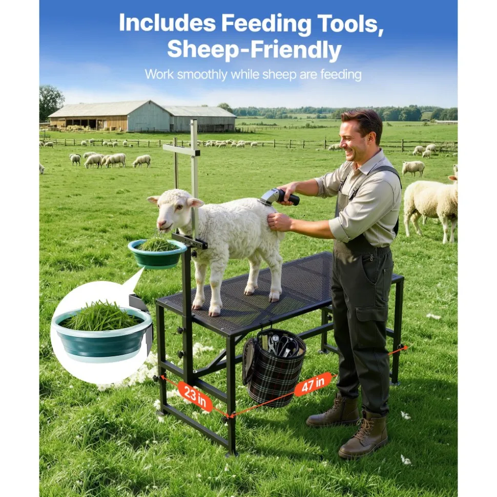 VEVOR Goat Milking Stand, 600 lbs Heavy Duty Goat Stand with Feed Bin, Adjustable Headpiece & Tool Basket, Stanchion for Grooming & Hoof Trimming, Metal Livestock Platform for Sheep, 47" x 23", Black