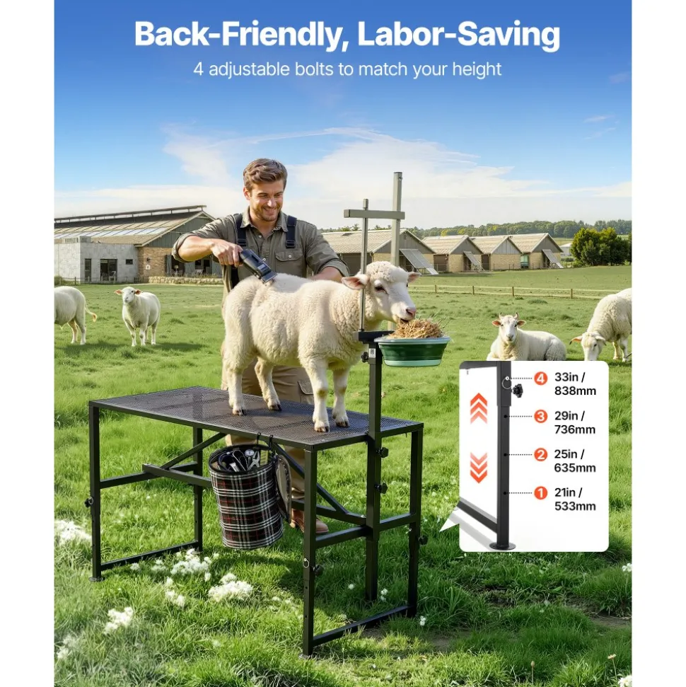 VEVOR Goat Milking Stand, 600 lbs Heavy Duty Goat Stand with Feed Bin, Adjustable Headpiece & Tool Basket, Stanchion for Grooming & Hoof Trimming, Metal Livestock Platform for Sheep, 47" x 23", Black