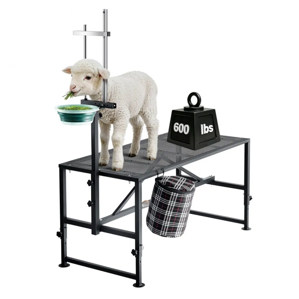 VEVOR Goat Milking Stand, 600 lbs Heavy Duty Goat Stand with Feed Bin, Adjustable Headpiece & Tool Basket, Stanchion for Grooming & Hoof Trimming, Metal Livestock Platform for Sheep, 51" x 23", Black