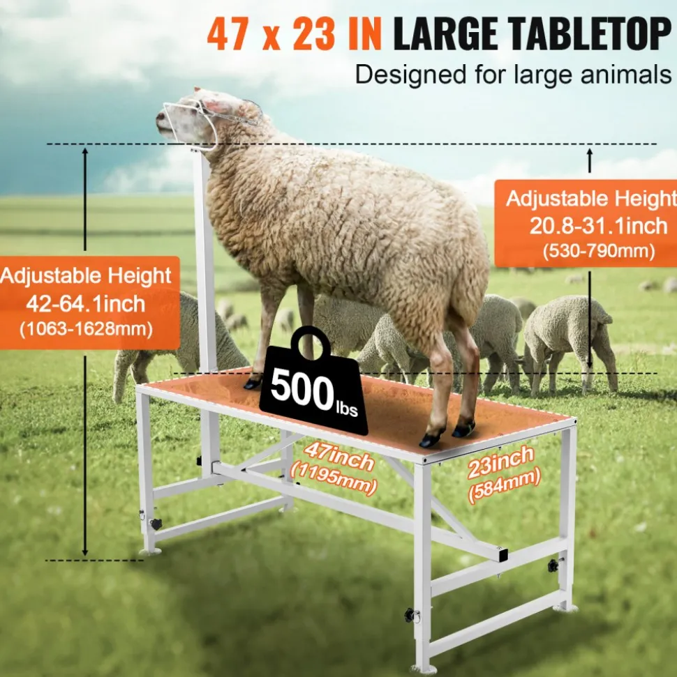 VEVOR Goat & Sheep Stand, 47x23 inch Livestock Stand, Metal Livestock Milking and Shearing Stand 21" to 33" Adjustable Height, with Headpiece and Nose Loop, 500lbs Loading Weight, White