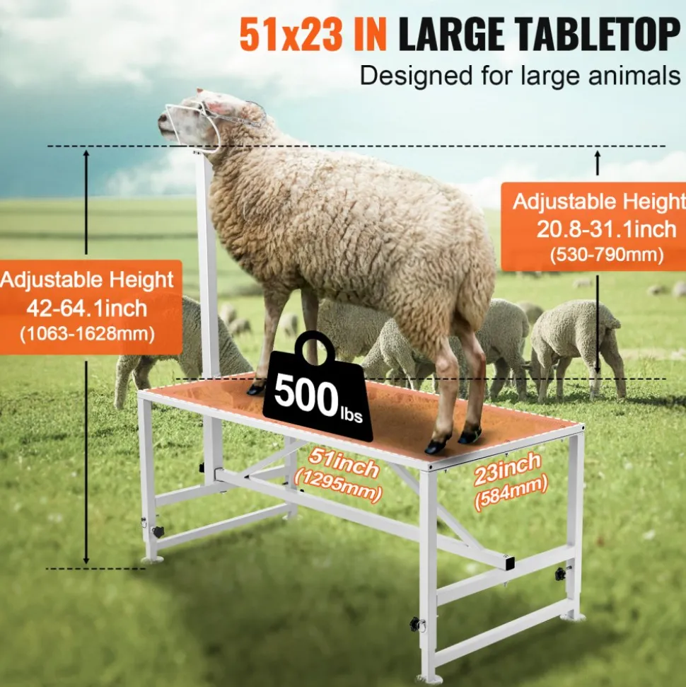 VEVOR Goat & Sheep Stand, 51x23 inch Livestock Stand, Metal Livestock Milking and Shearing Stand 21" to 33" Adjustable Height, with Headpiece and Nose Loop, 500lbs Loading Weight, White