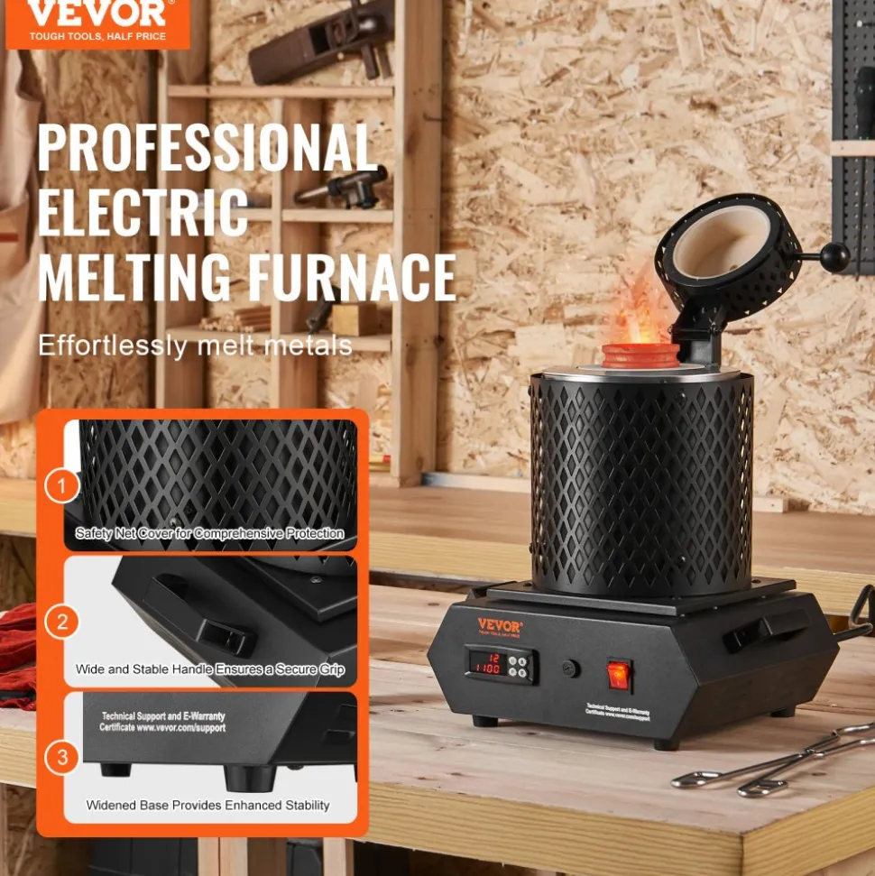 VEVOR Gold Melting Furnace, 1350W, 2102 ℉ Max Temperature, Digital Electric Melting Furnace with 1 kg and 3 kg Ceramic Crucibles, Crucible Tongs, and Gloves, for Gold, Silver, Aluminum, Copper