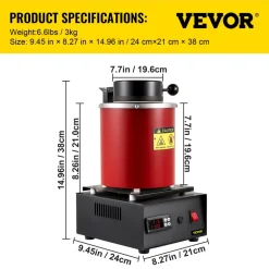 VEVOR Gold Melting Furnace, 1350W, 2102 ℉ Max Temperature, 3 kg Digital Electric Melting Furnace, with 1 kg and 3 kg Ceramic Crucible and Ingot Die for Processing of Gold, Silver, Aluminum, Copper