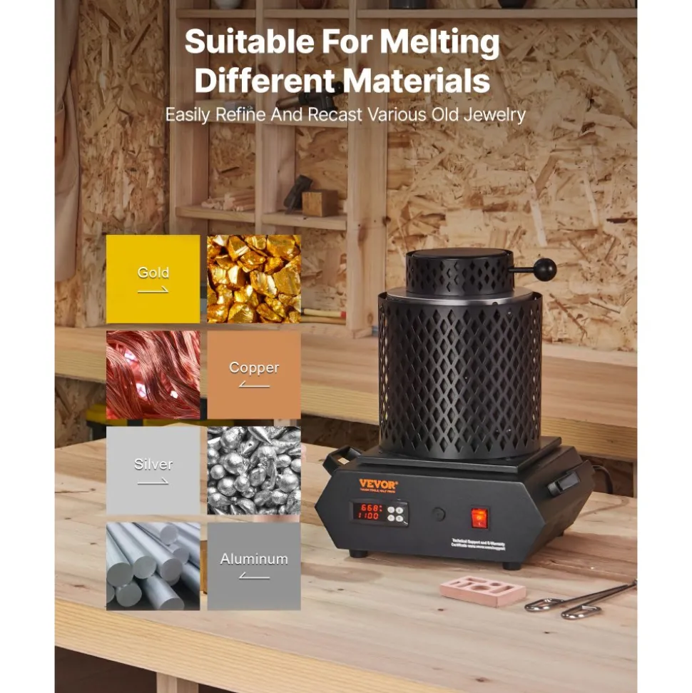 VEVOR Gold Melting Furnace, 1350W, 2102 ℉, PID Digital Electric Melting Furnace with 1 kg and 3 kg Ceramic Crucibles, Insulated Gloves, Crucible Tongs and Tray, for Gold, Silver, Aluminum, Copper